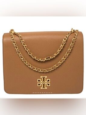 Tory Burch Britten Adjustable Chain Shoulder Bag in Bark Leather, in Caramel Tan